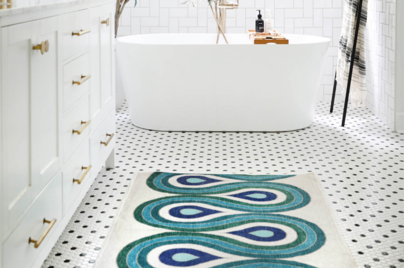 A multicolored bathroom rug